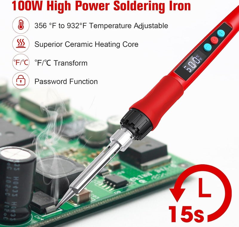 Q-MING Soldering Iron Kit, 100W LED Digital Solder Gun kits with Ceramic Heater, Adjustable Temperature Welding Tools with Tips, Wick Braid, Stand, Solders Wire, Sponge, Flux Paste, Red - Image 5